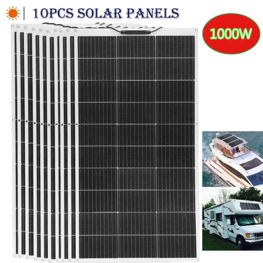 1000W flexible solar panel kit with 10×100W bendable panels for lithium battery and solar generator charging – outdoor use